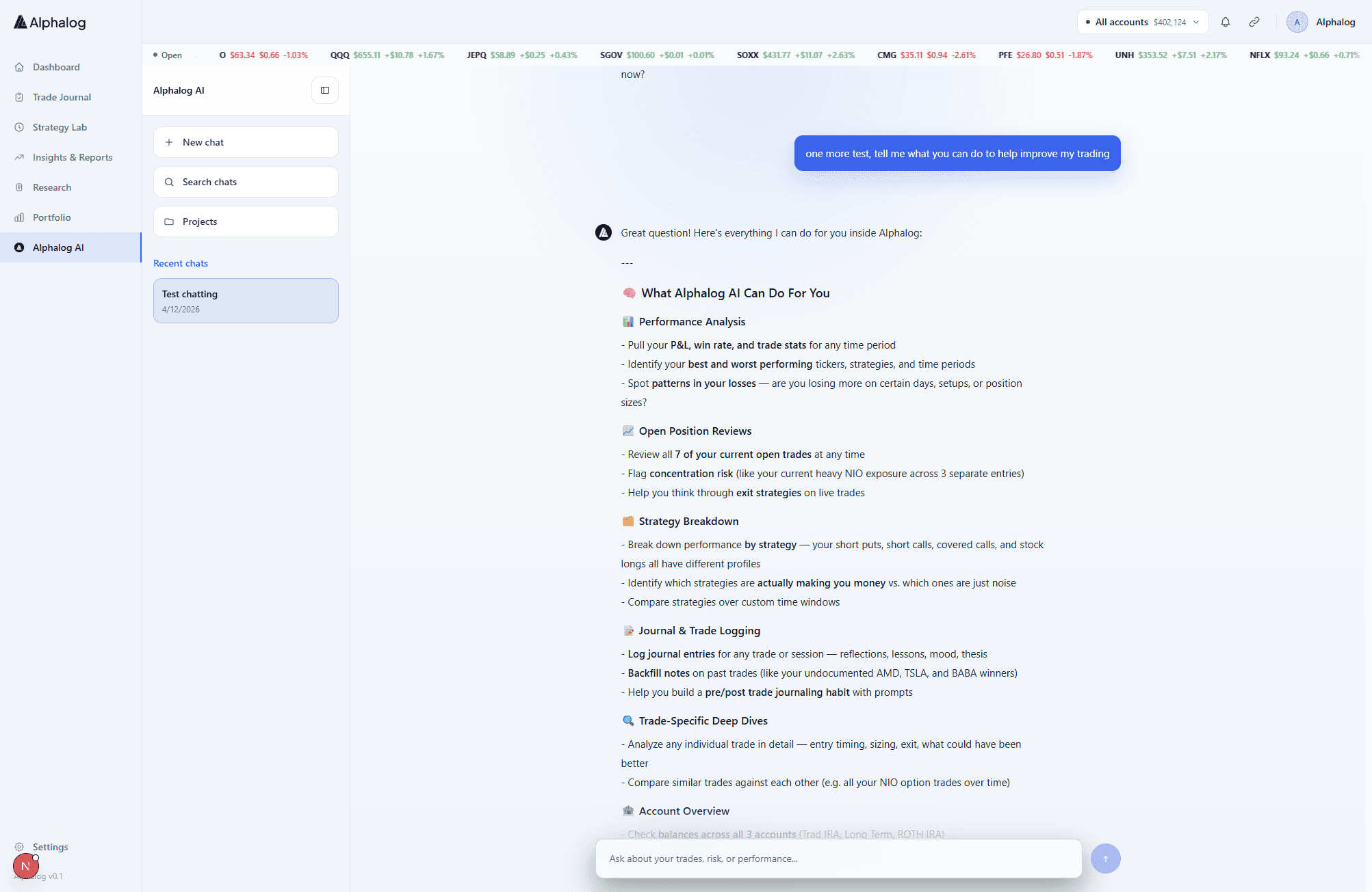 Alphalog AI workspace chatting about recent trades