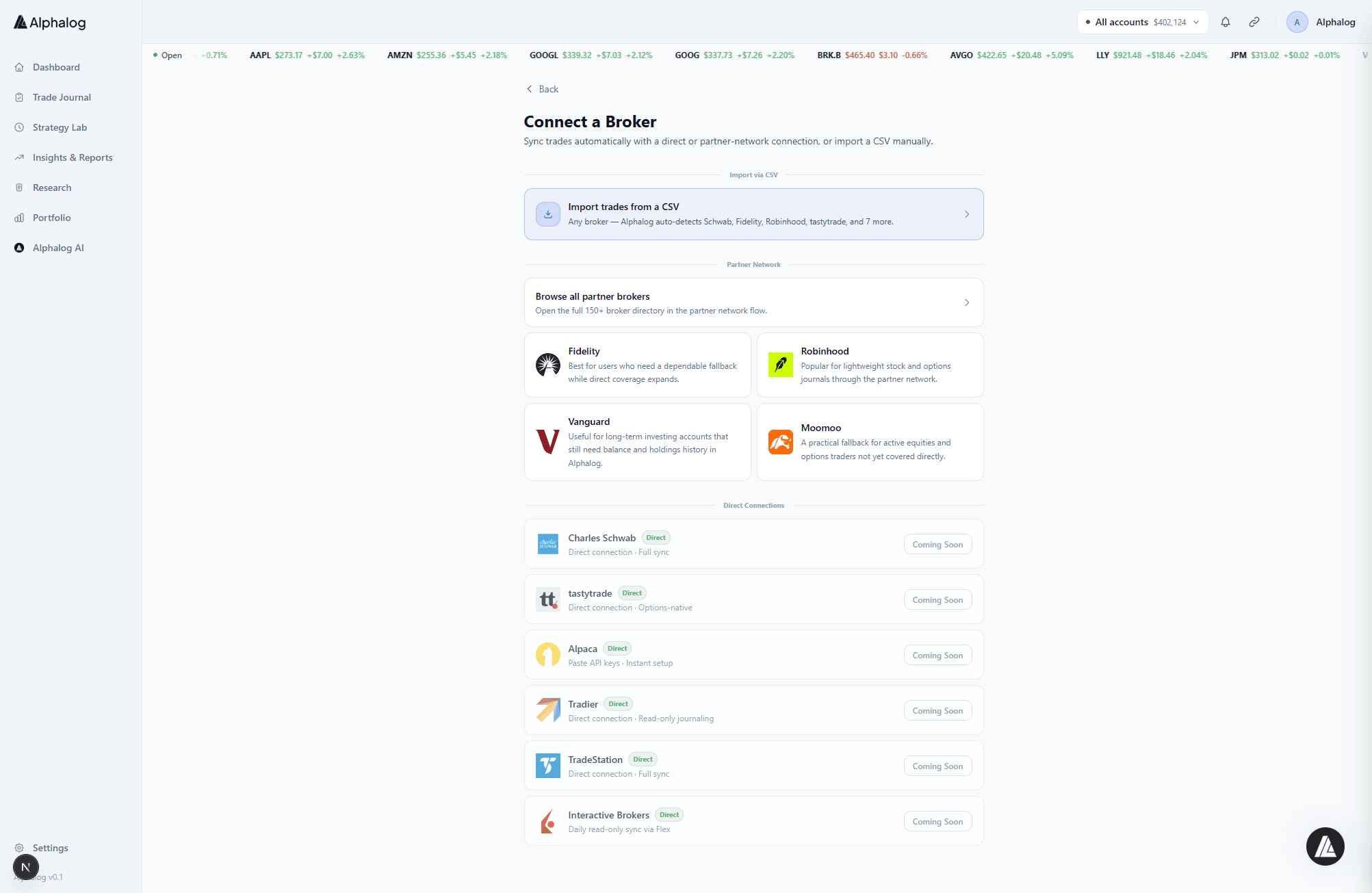 Alphalog Connect Broker screen with CSV import, partner network, and direct connections