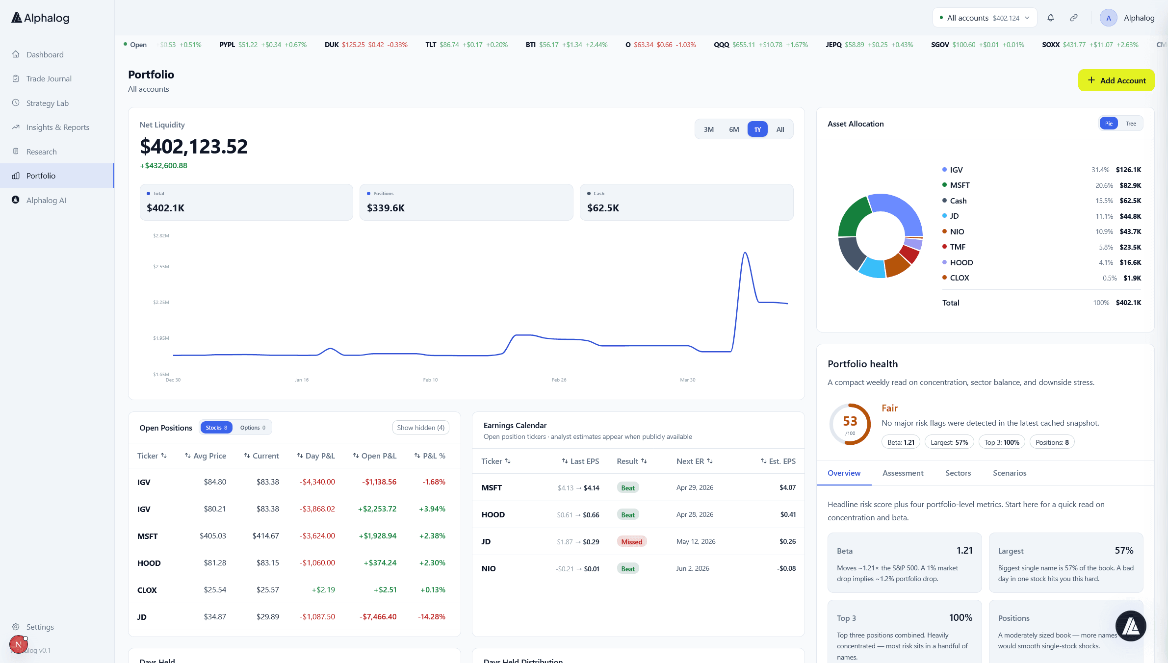 Alphalog Portfolio view with net-worth history and allocation
